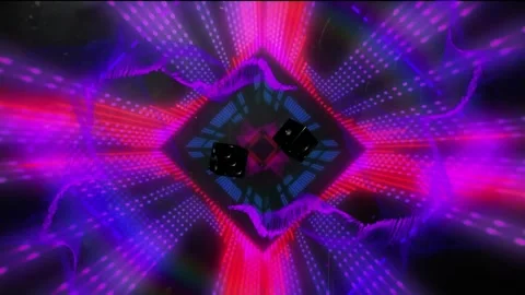 Red burst starting teal-grid forming cyan-frame rotating two black cubes Stock Footage 340674791