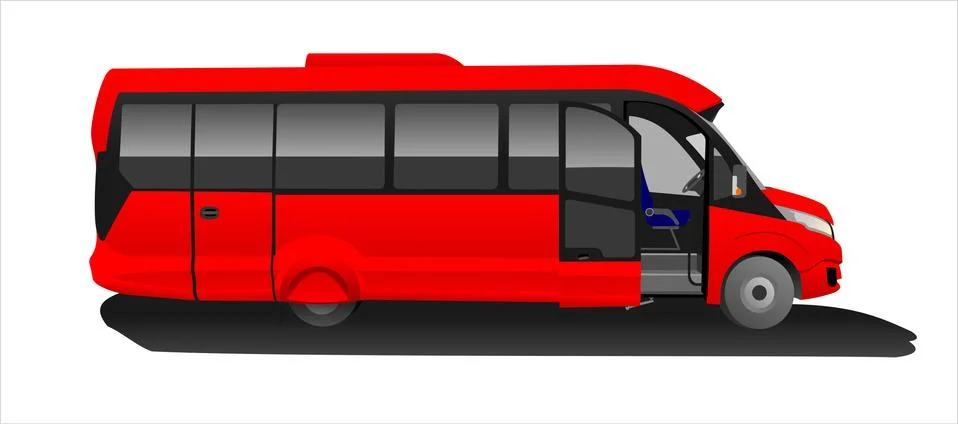 Red Bus with an open door, Side view. Tourist bus. Sightseeing bus. Modern fl Stock Illustration