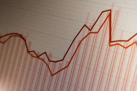 Red business chart on computer screen. Finance data. Economy concept after co Stock Photos