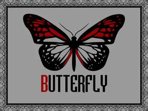 Red butterfly in elegant frame on grey background Stock Illustration