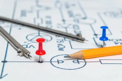 Red button and pencil on an electric diagram, working environment Stock Photos