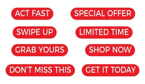 Red button badges with text and sales slogans for marketing and promotion on Stock Illustration