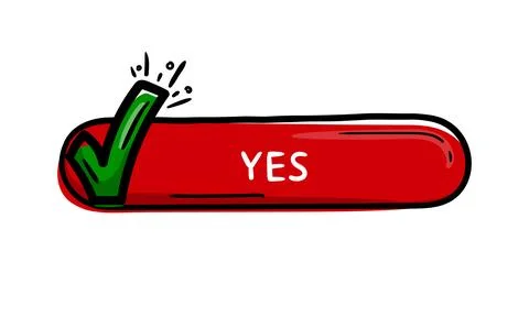 Red button with a check mark and the text yes Stock Illustration