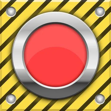 Red button with chrome ring on yellow and black striped background with fou.. Stock Illustration