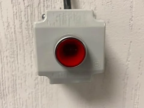 Red button for emergency shutdown of industrial equipment. signal red lamp Stock Photos