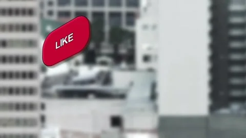 Red LIKE button flying from left, starting 3D buttons appearing, growing, Stock Footage 334418895