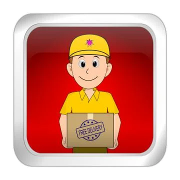 Red button with friendly Courier delivering a parcel  - 3d illustration Stock Illustration