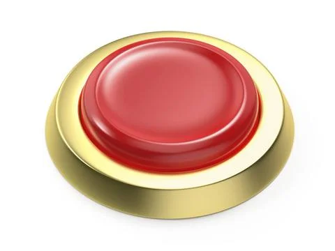 Red button with golden border Red round button with golden border on white... Stock Photos