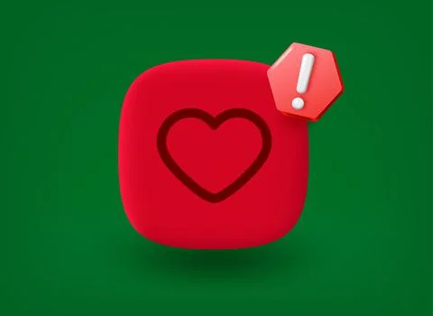Red button with heart icon and notice pictogram. 3d vector illustration Illustrazione stock