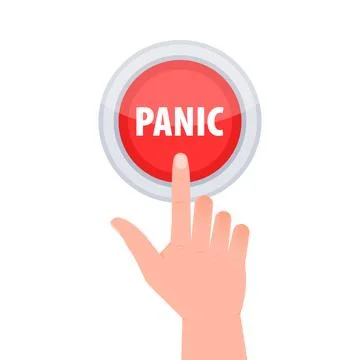 Red button with help text Panic. Hand pressing panic button Illustrazione stock