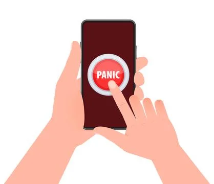 Red button with help text Panic. Hand pressing panic button on smartphone screen 库存插图