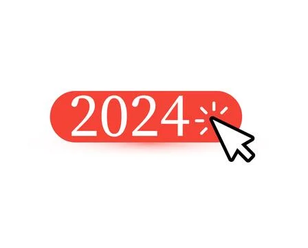 Red button icon with 2024 numbers and mouse pointer, button clicked icon Stock Illustration