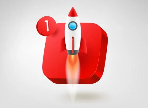 Red button with launching rocket. 3d vector mobile application icon Illustrazione stock
