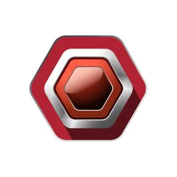 Red button on the metal base - hexagon isolated icon on the red background wi Stock Photos