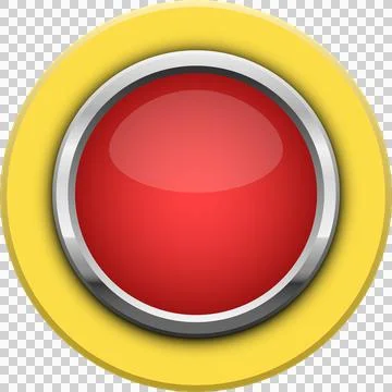 A red button with a metallic edge surrounded by a yellow ring set against a.. Stock Illustration