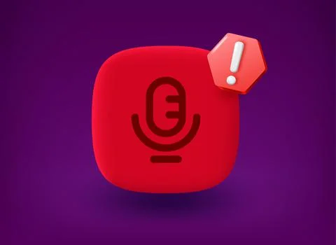 Red button with microphone icon and notice pictogram. 3d vector illustration Illustrazione stock