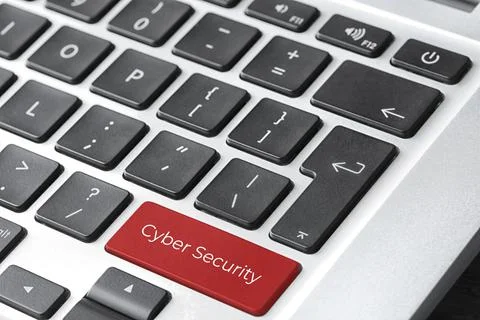 Red button with phrase Cyber Security on keyboard, closeup view Foto stock