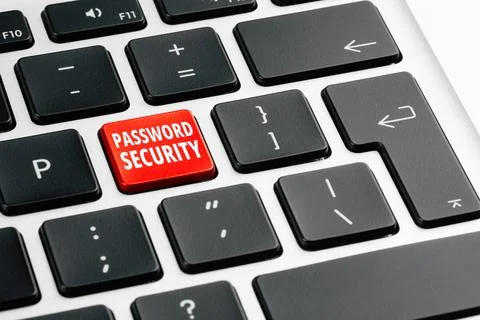 Red button with text PASSWORD SECURITY on keyboard, closeup view Stock Photos