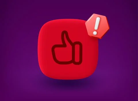 Red button with thumbs up icon and notice pictogram. 3d vector illustration Illustrazione stock