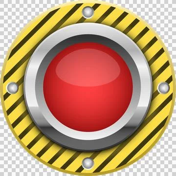 Red button with a yellow and black striped border and a metallic ring aroun.. Illustrazione stock