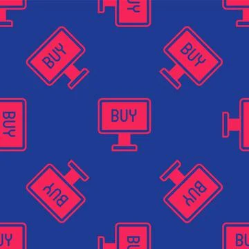Red Buy button icon isolated seamless pattern on blue background.  Vector Stock Illustration
