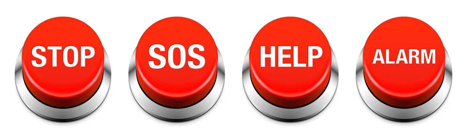 Red buzzer button vector set. Stop, SOS, Help, and Alarm buttons isolated on Stock Illustration