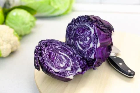 Red cabbage on the kitchen table, farm vegetables on a light background Foto stock