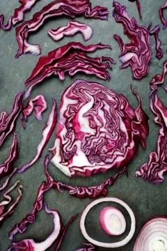 Red cabbage on slate table Stock Photos