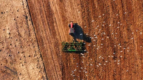 Red cabin tractor plowing the field with green plough, aerial view. Stock Footage 107099931