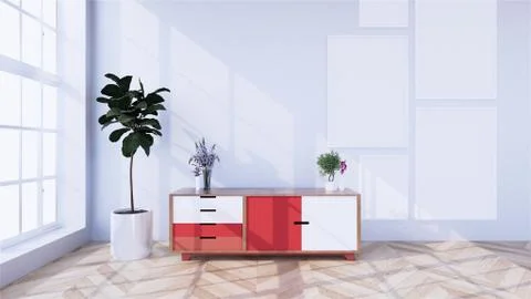 Red cabinet on zen modern empty room,minimal design japanese style. 3d render Stock Illustration