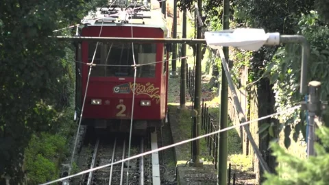 Red Cable Car Genoa Funicular Travelling Through Forest Pathway Stock Footage 289627014
