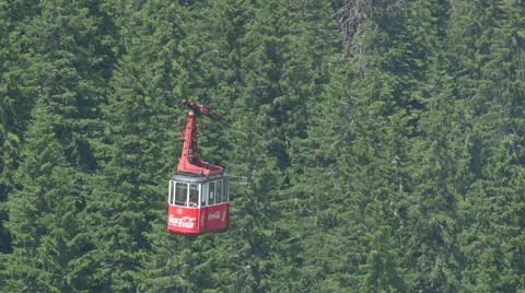 Red cable car moving above the fir trees on Transfagarasan Stock Footage 55380517