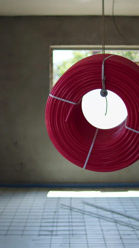 Red cable coil hanging in unfinished room with tiled floor and open window Stock Footage 312097879