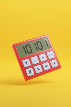 Red calculator with binary code on yellow background. 3d illustration. Stock Illustration