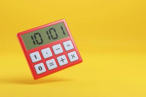 Red calculator with binary code on yellow background with copy space. 3d illu 库存照片