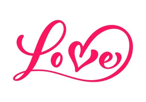 Red Calligraphy word Love. Vector Valentines Day Hand Drawn lettering. Heart Stock Illustration