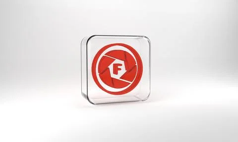 Red Camera shutter icon isolated on grey background. Glass square button. 3d Stock Illustration