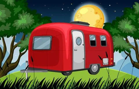 Red Camper Trailer Under Full Moon in Forest Clearing Stock Illustration