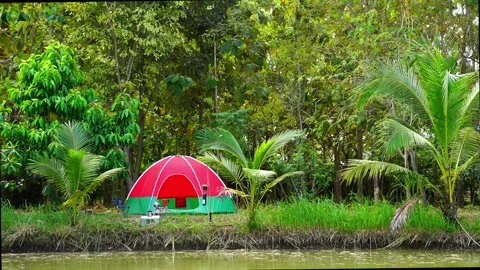 Red camping tent in the riverside forest Video stock 301776840