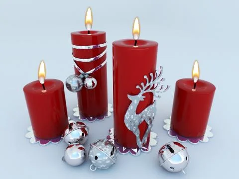 Red candles with silver and white Christmas decorations on white background Stock Illustration
