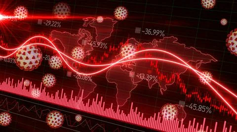 Red candlestick graph chart of stock market trading with corona virus Stock Illustration
