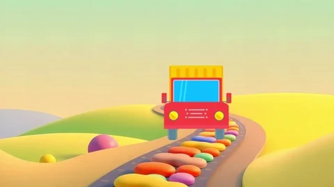 Red Candy Car Roadtrip: Bumpy Road With Candy Ramps in Front of Yellow and Gree Stock Footage 308847181