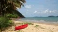 Red canoe on the beautiful tropical beach with palm trees HD Footage