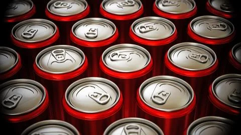 Red cans of soft non alcoholic drinks background. 3D illustration Stock Illustration