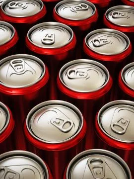 Red cans of soft non alcoholic drinks background. 3D illustration Stock Illustration