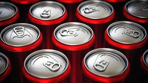 Red cans of soft non alcoholic drinks background. 3D illustration Stock Illustration