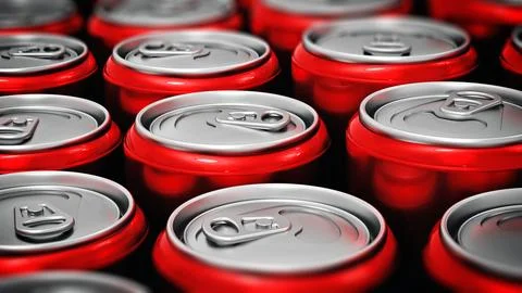 Red cans of soft non alcoholic drinks background. 3D illustration Stock Illustration