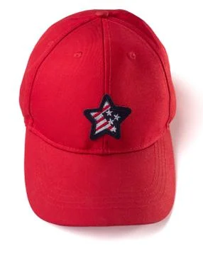Red cap decorated with a star patch with American flag on white background Stock Photos