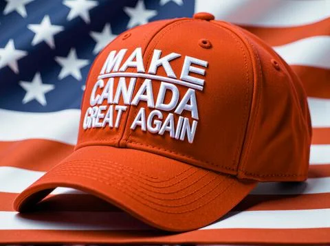 Red cap reading make canada great again lying on american flag Foto stock