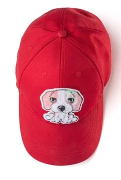 Red cap with a sequin dog patch on white background Stock Photos